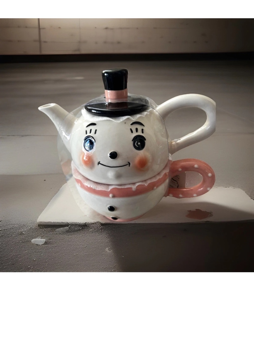Johanna Parker Whimsical Pink and White Ceramic Snowman Teapot with mug